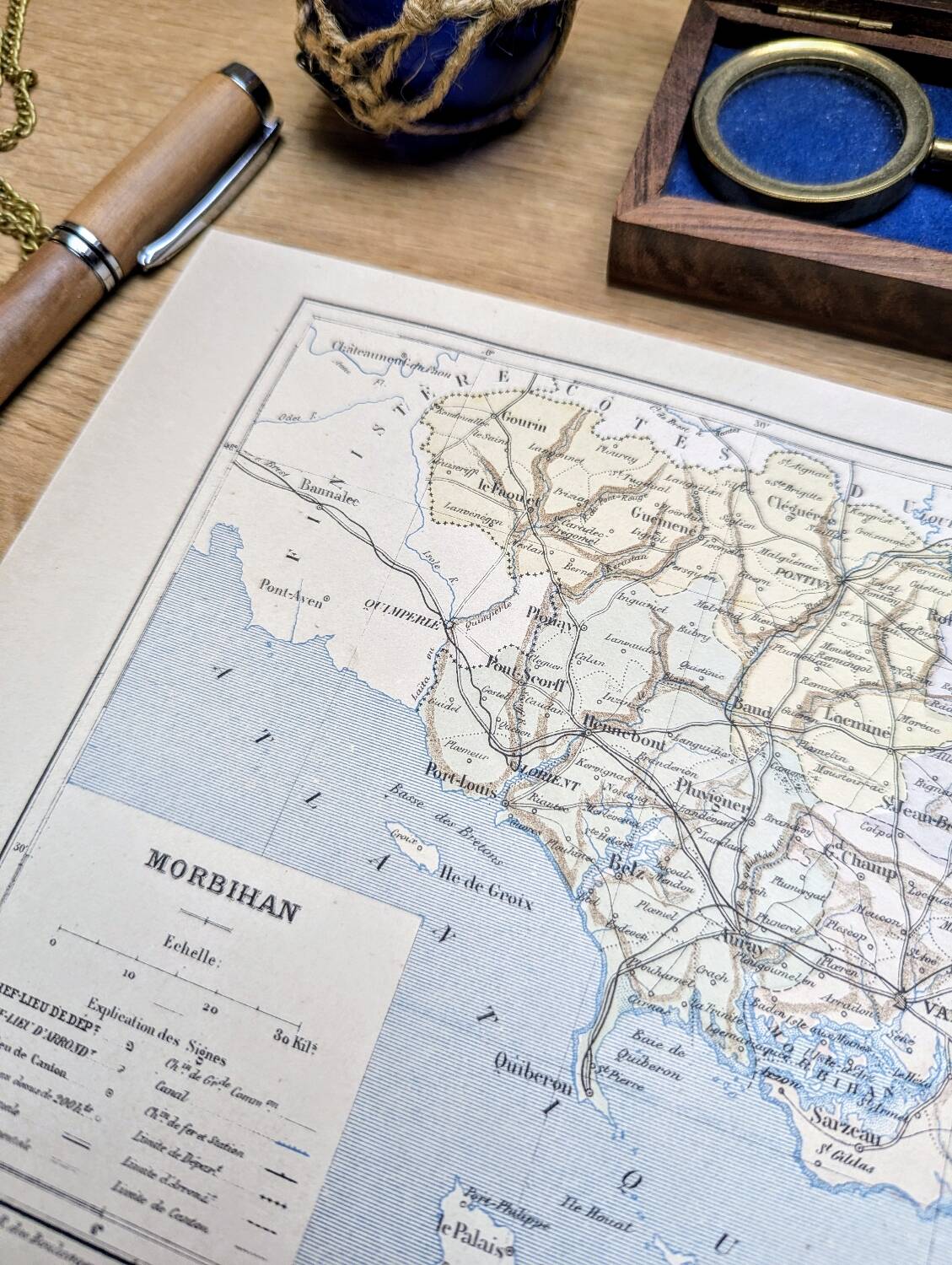 Printed in 1889, the Morbihan, old map.