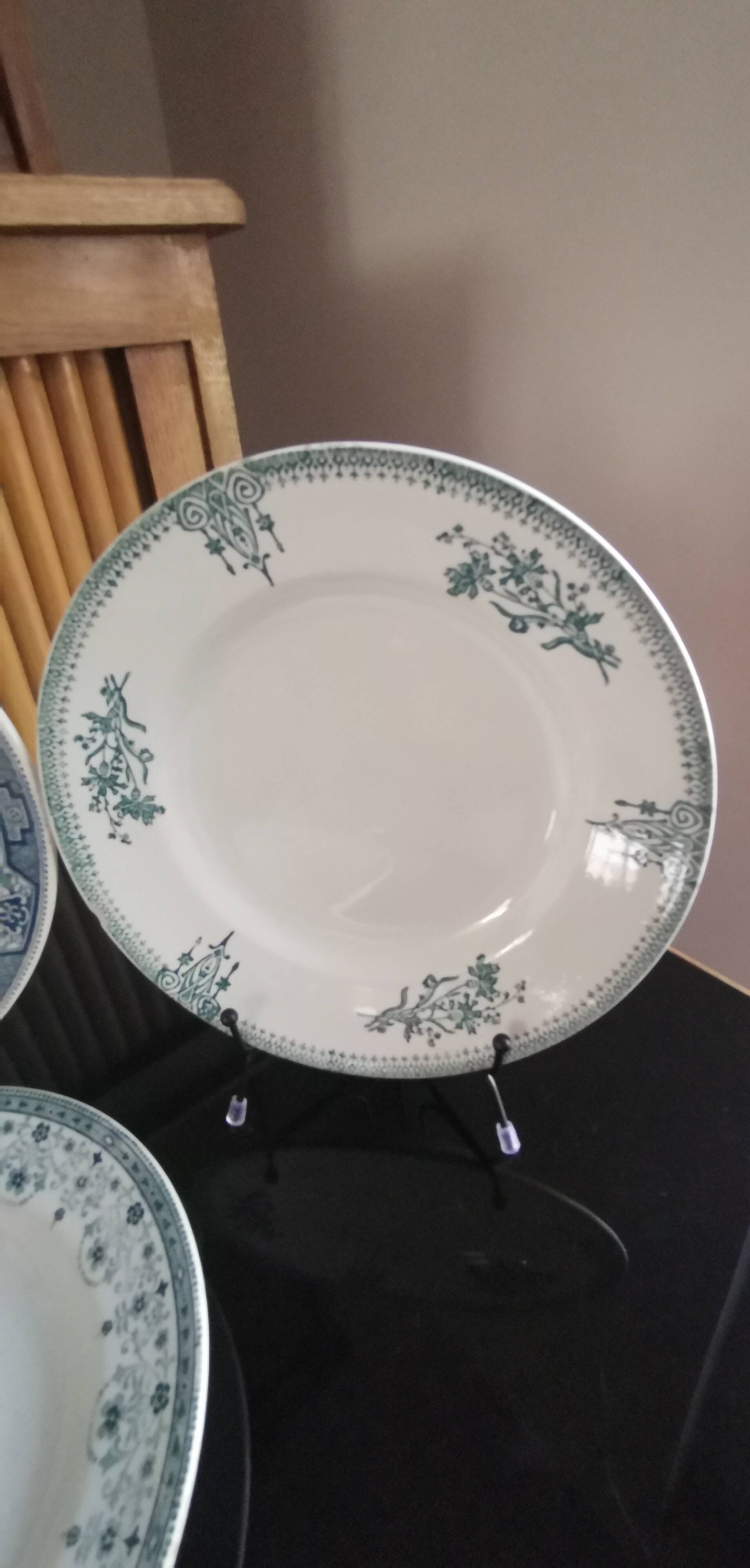 6 old mismatched deep plates Terre de Fer, glass and blue colors