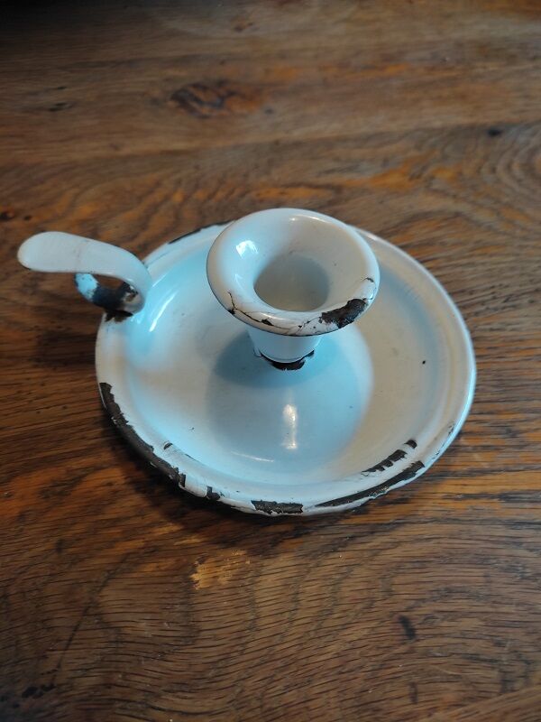 White patinated enamelled metal candle holder