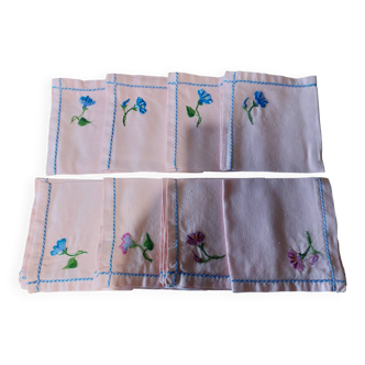 Set of eight embroidered pink cotton napkins 24.5 x 25 cm