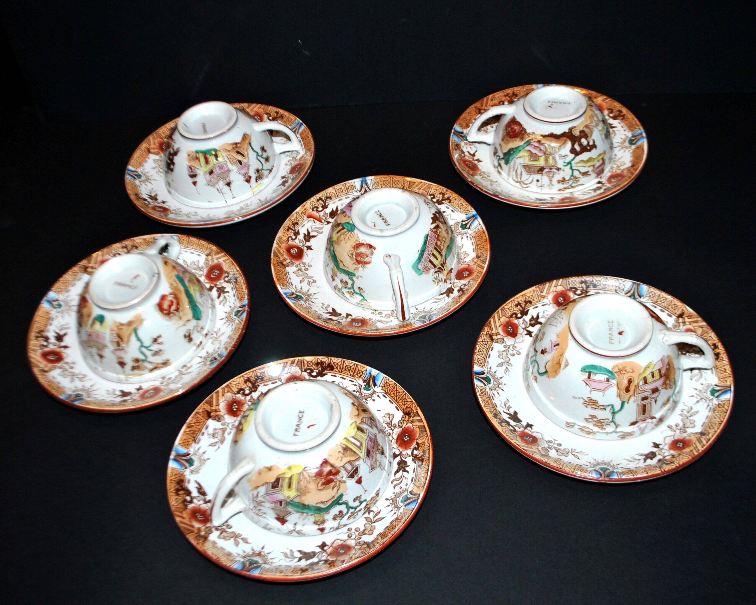 Sarreguemines coffee set 6 cups + 2 earthenware coffee pots with Chinese bamboo decor