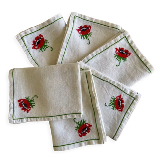 Set of 6 hand-embroidered poppy towels - 45x48 cm- linen