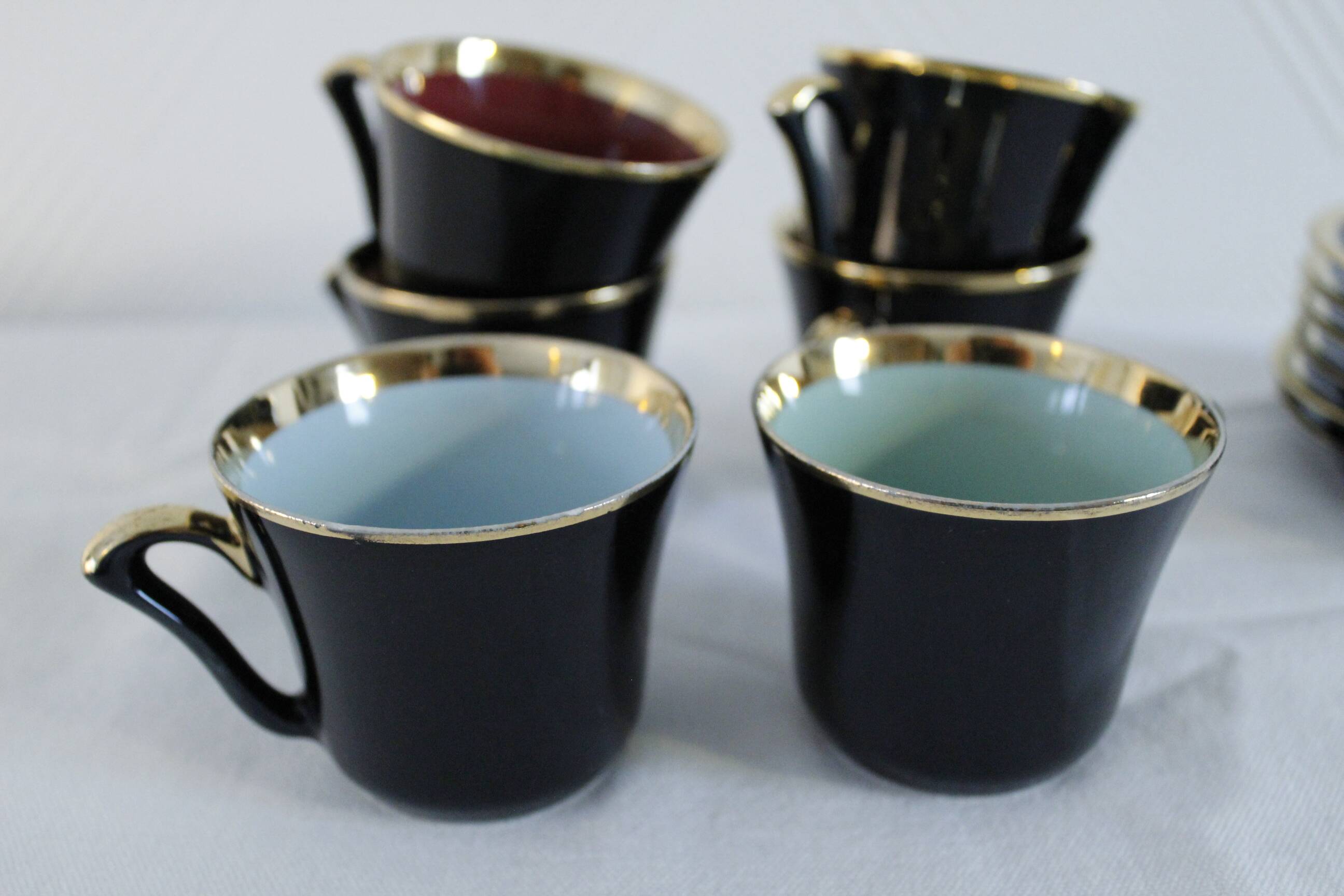 Porcelain coffee set - Porcelac - 6 cups + saucers - black and colors