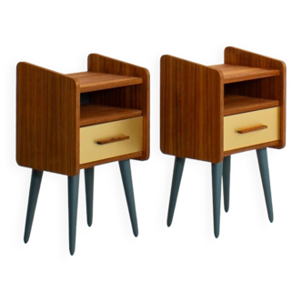 Pair of teak bedside tables with brass drawers and painted solid oak legs