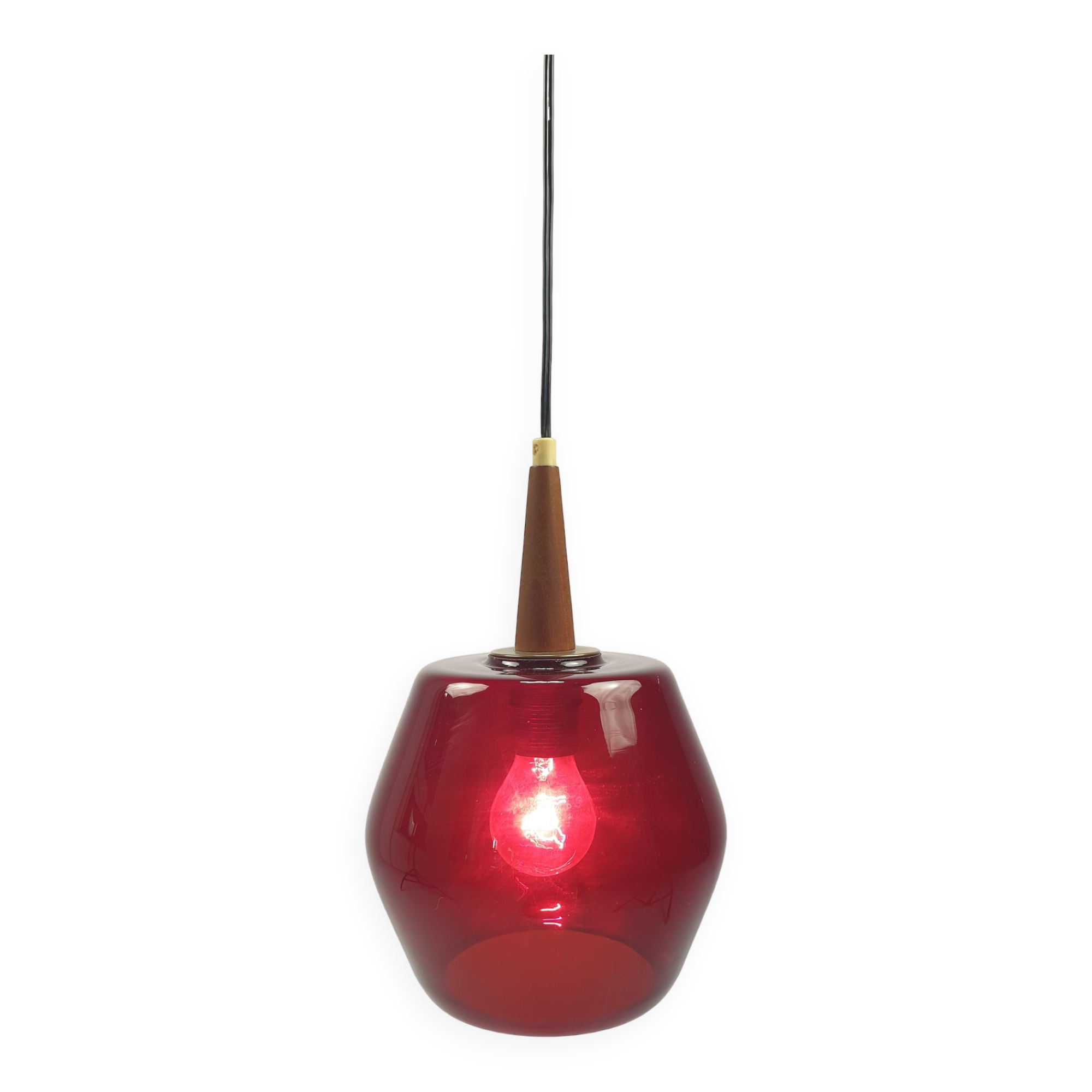 Mid century glass and teak pendant lamp, 1970s