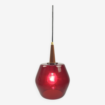 Mid century glass and teak pendant lamp, 1970s