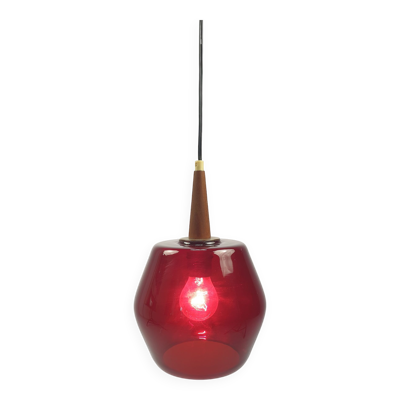 Suspension en verre et teck du milieu du siècle, années 1970