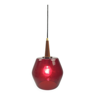 Mid century glass and teak pendant lamp, 1970s