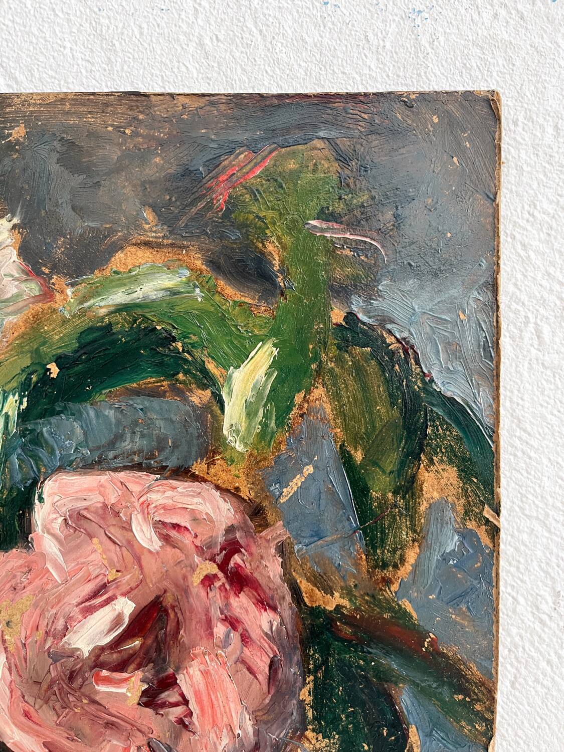 Old oil painting on cardboard bouquet of flowers and fruits