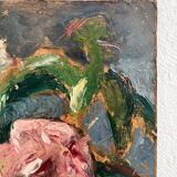 Old oil painting on cardboard bouquet of flowers and fruits