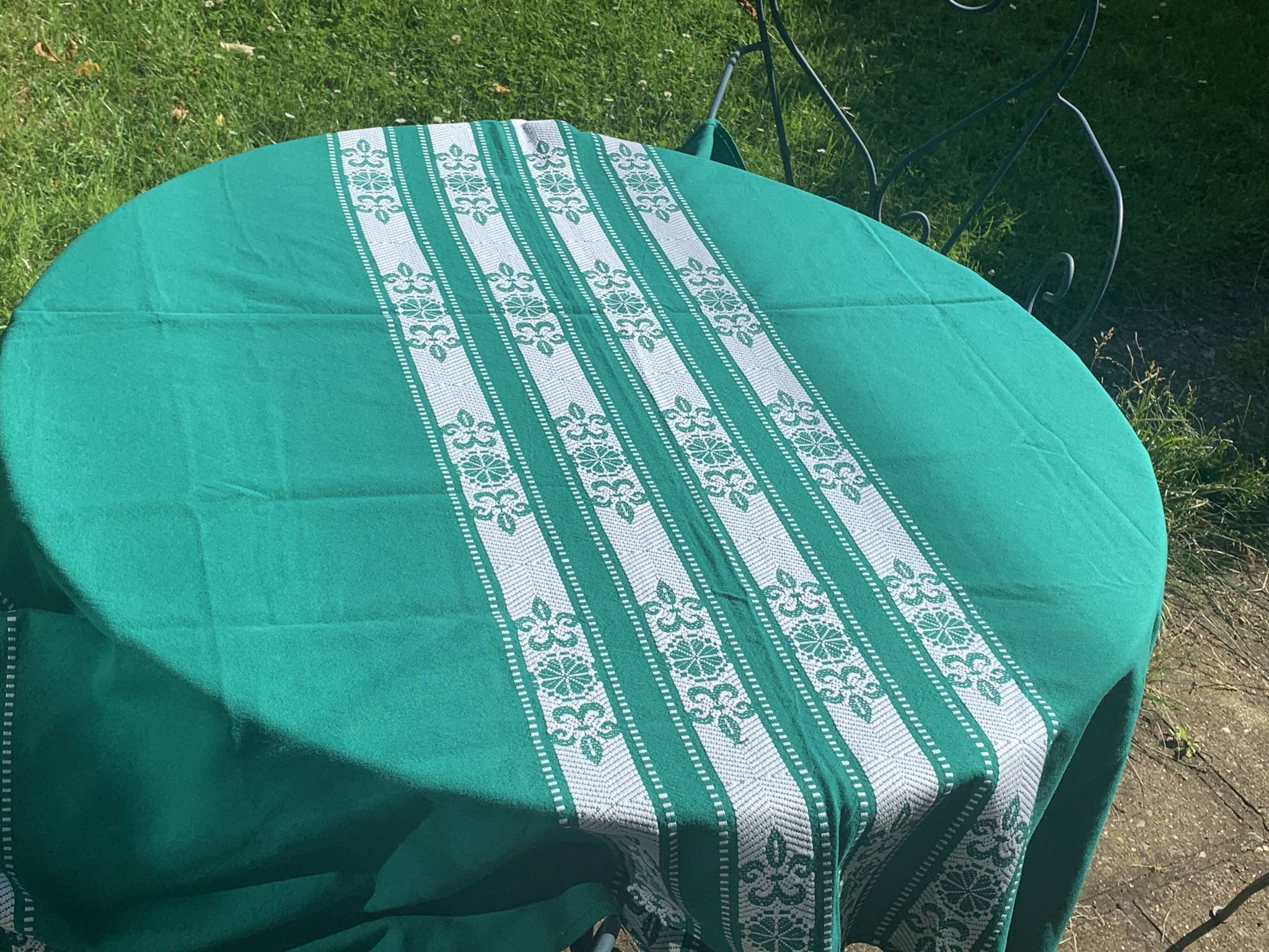 Helena Biarritz tablecloth, made in France, Basque linen, green with white embroidery, Vintage