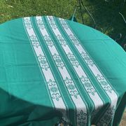 Helena Biarritz tablecloth, made in France, Basque linen, green with white embroidery, Vintage