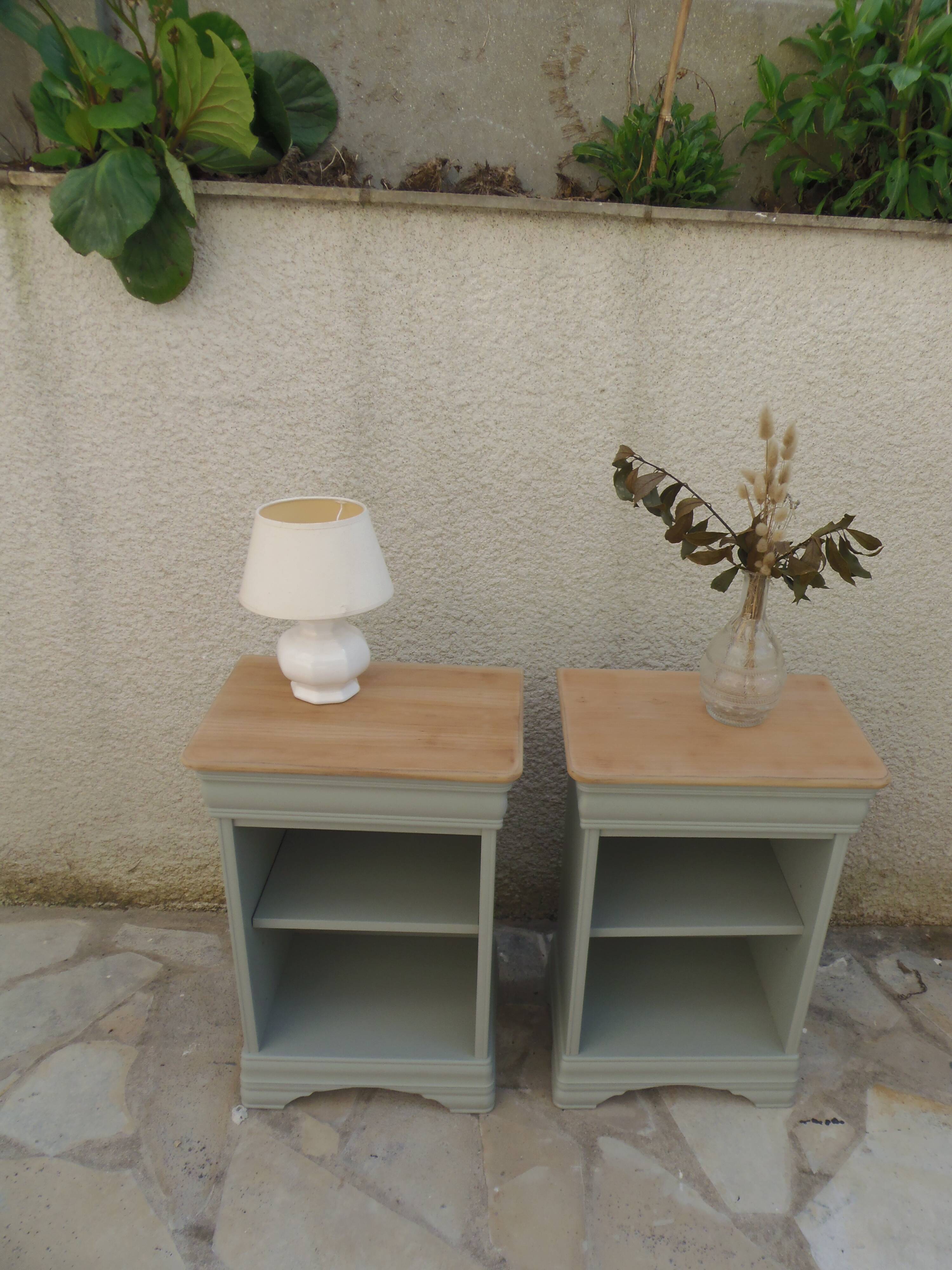2 Louis Philippe style bedside tables reimagined in grey-green, wooden top.