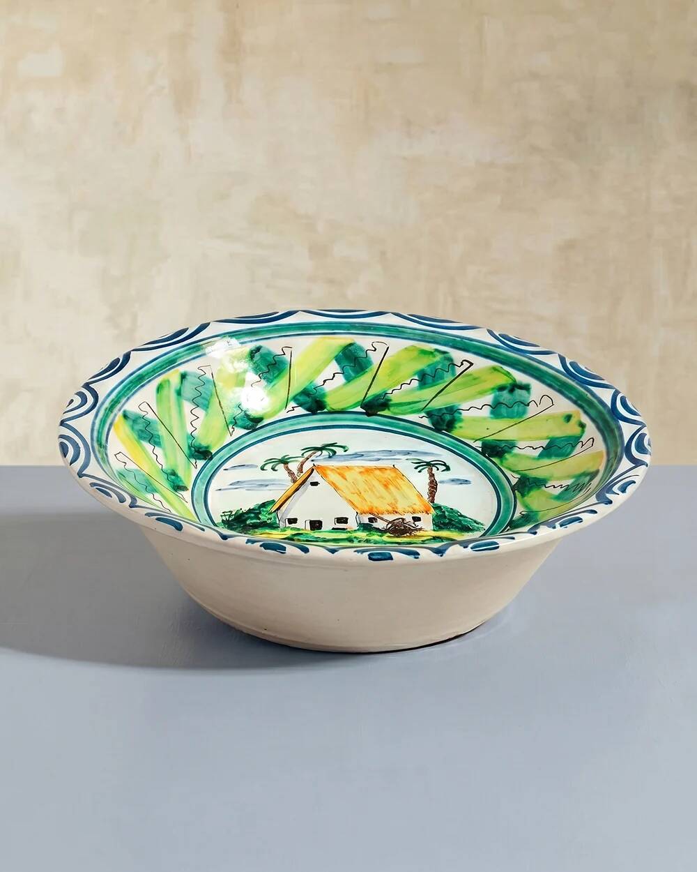 Vintage Italian large salad bowl in hand-painted ceramic with a house and palm trees.
