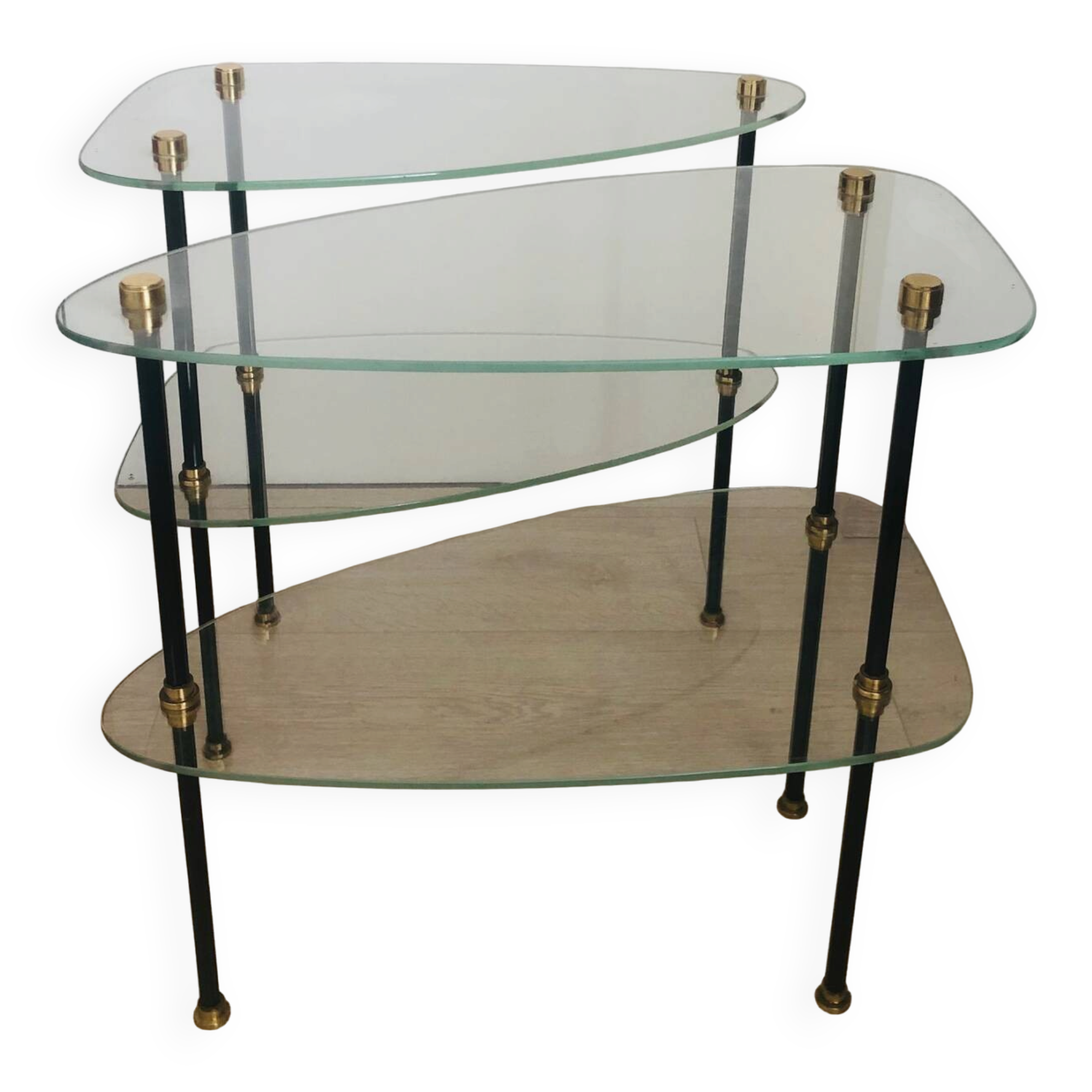 2 small side tables in glass and Bakelite with gold nuts from the 1960s.