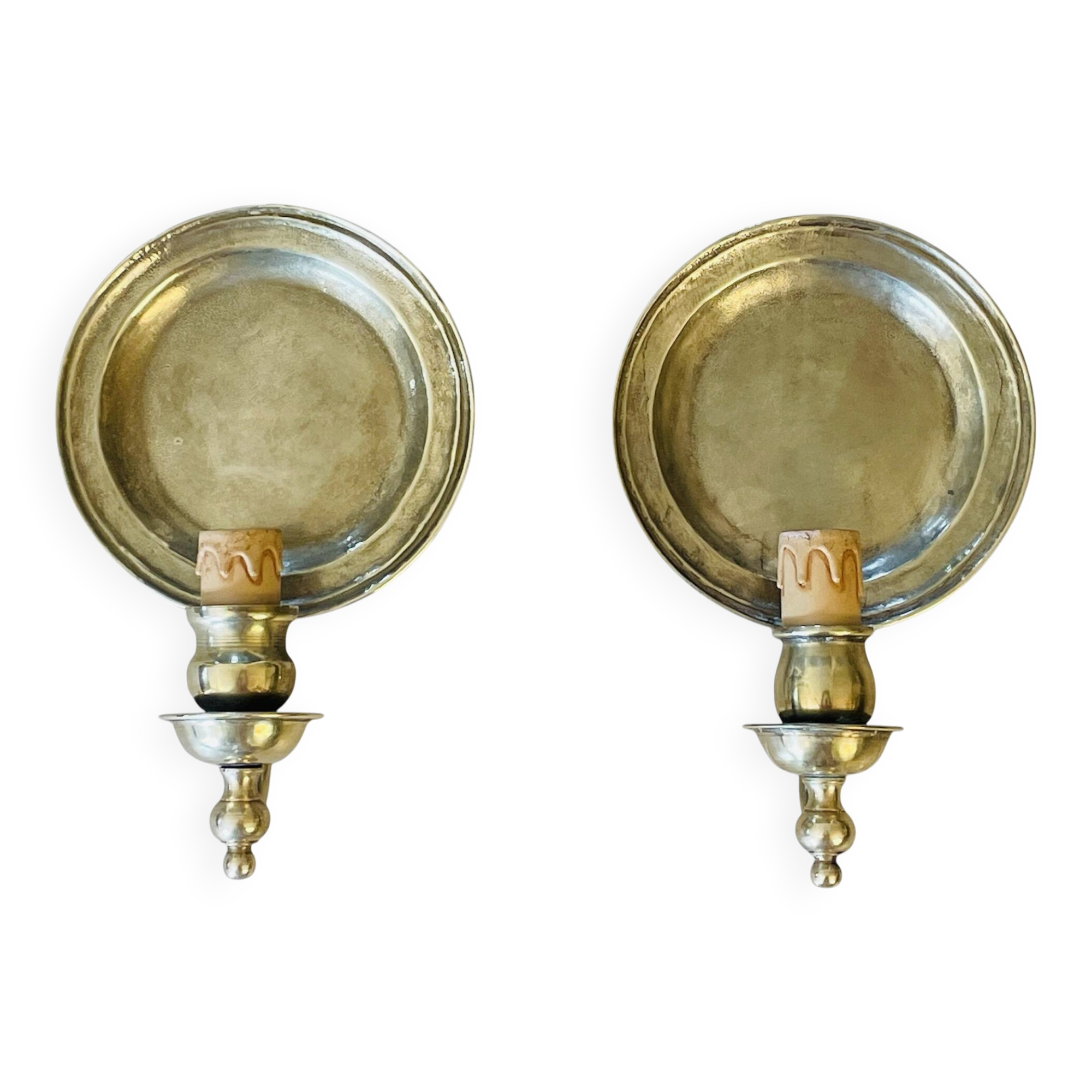 Pair of vintage wall sconces in textured brass, brutalist style.