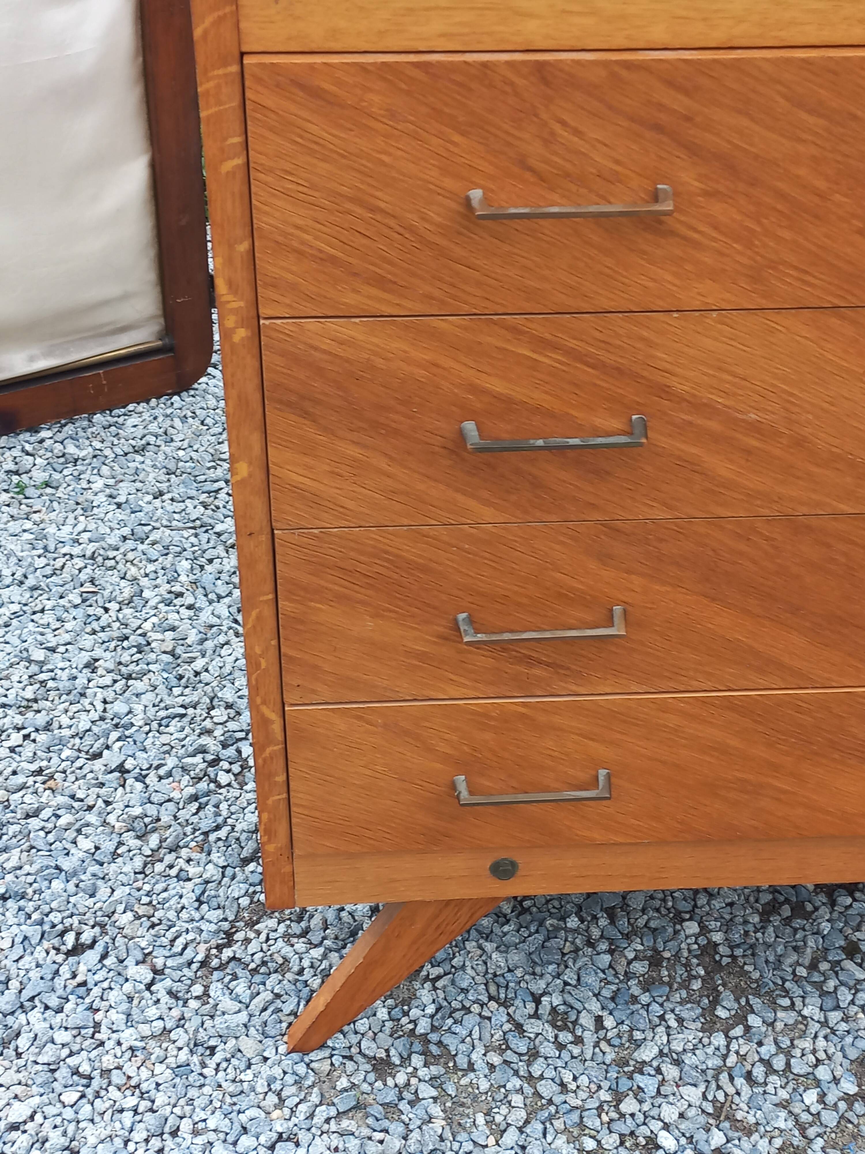 Vintage chest of drawers in blond and golden oak, compass legs and 4 drawers, 1950s