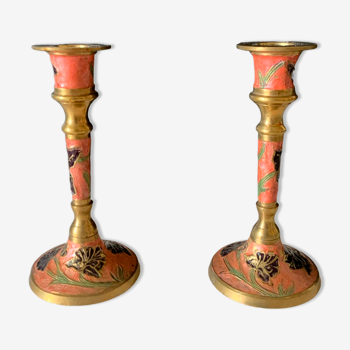 Pair of enamelled brass candle holders
