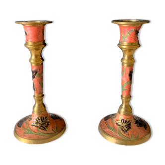 Pair of enamelled brass candle holders