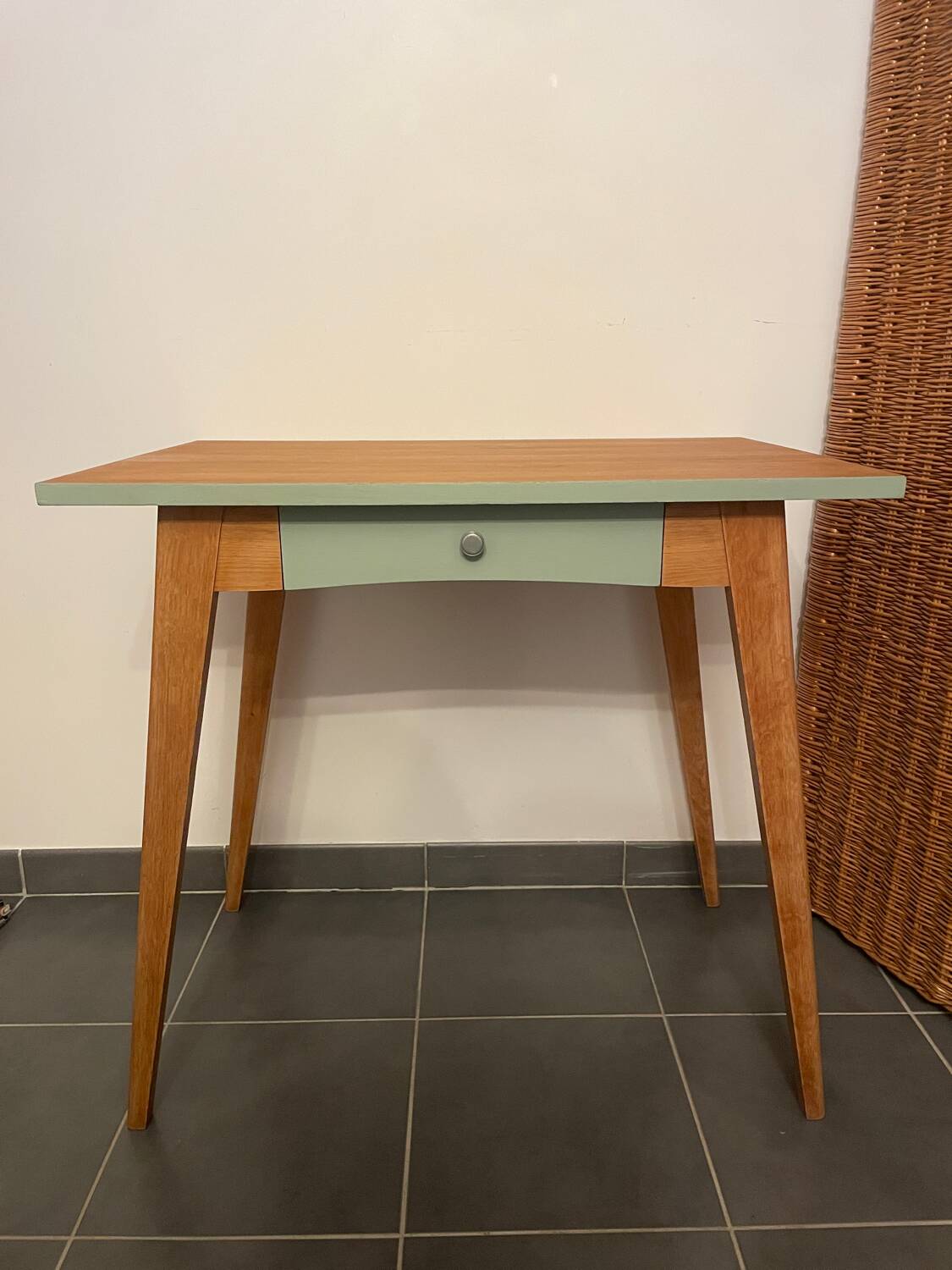 Modernized Vintage Desk – Light Wood & Sage Green