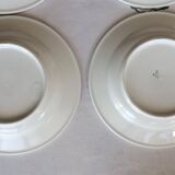 3 Pillivuyt white porcelain dinner plates with blue edging.