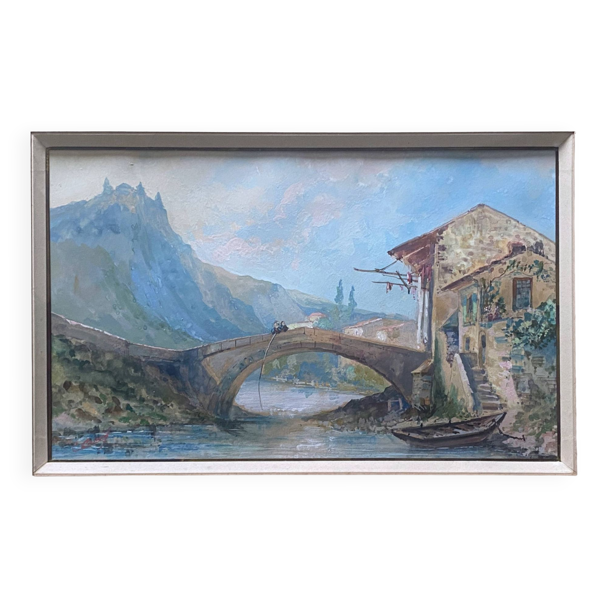 Magnificent 19th century Gouache painting "Roman house by the water" Italy? sign