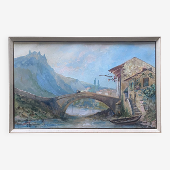 Tableau magnifique Gouache XIX° "Maison romaine au bord de l'eau" Italie ? signé