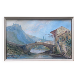 Magnificent 19th century Gouache painting "Roman house by the water" Italy? sign