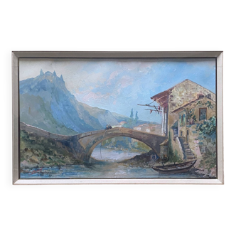 Tableau magnifique Gouache XIX° "Maison romaine au bord de l'eau" Italie ? signé