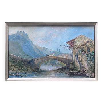 Tableau magnifique Gouache XIX° "Maison romaine au bord de l'eau" Italie ? signé
