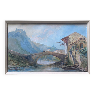Magnificent 19th century Gouache painting "Roman house by the water" Italy? sign