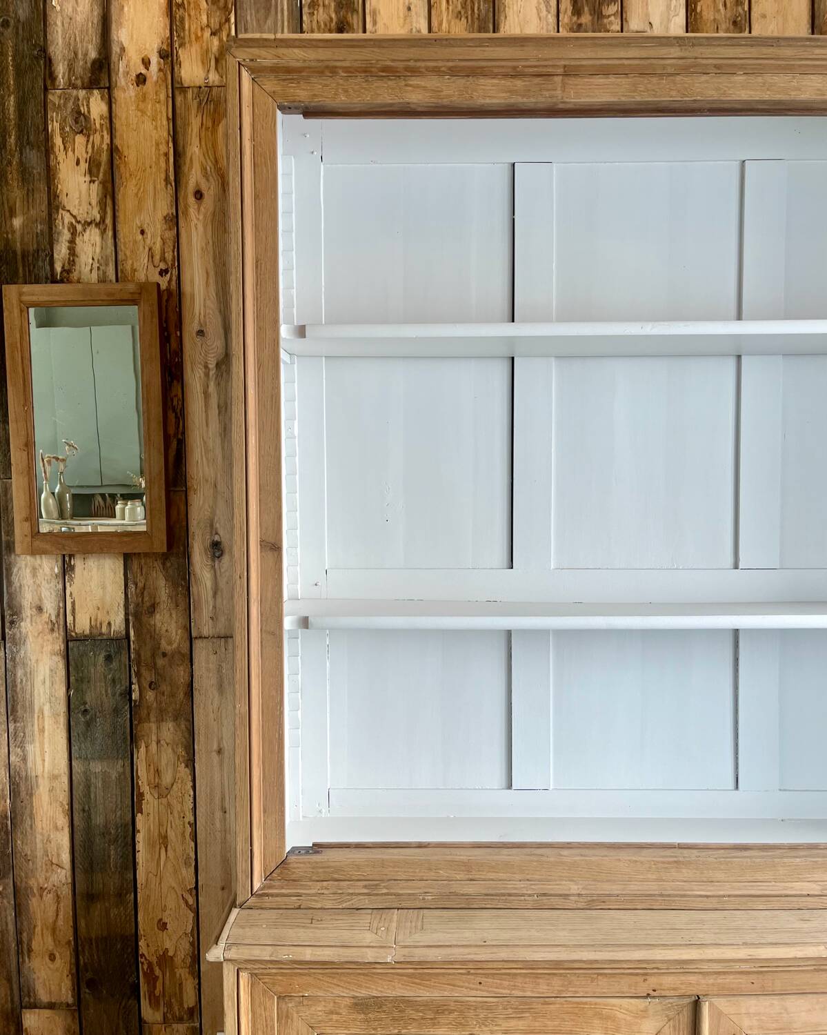 Two-body sideboard, bookcase, dresser in restored solid oak