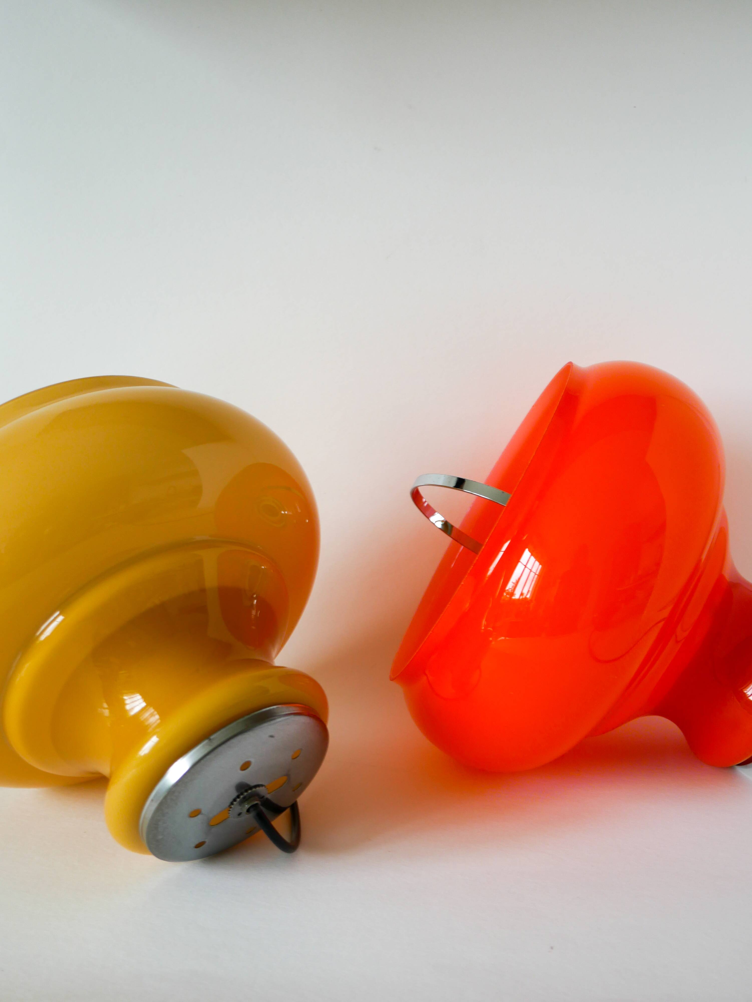 Yellow opaline pendant light with metal arc, Design, 1970