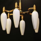 1960s brass chandelier with original glass opaline, by arlus