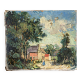 Chemin vers le hameau, huile au couteau signée