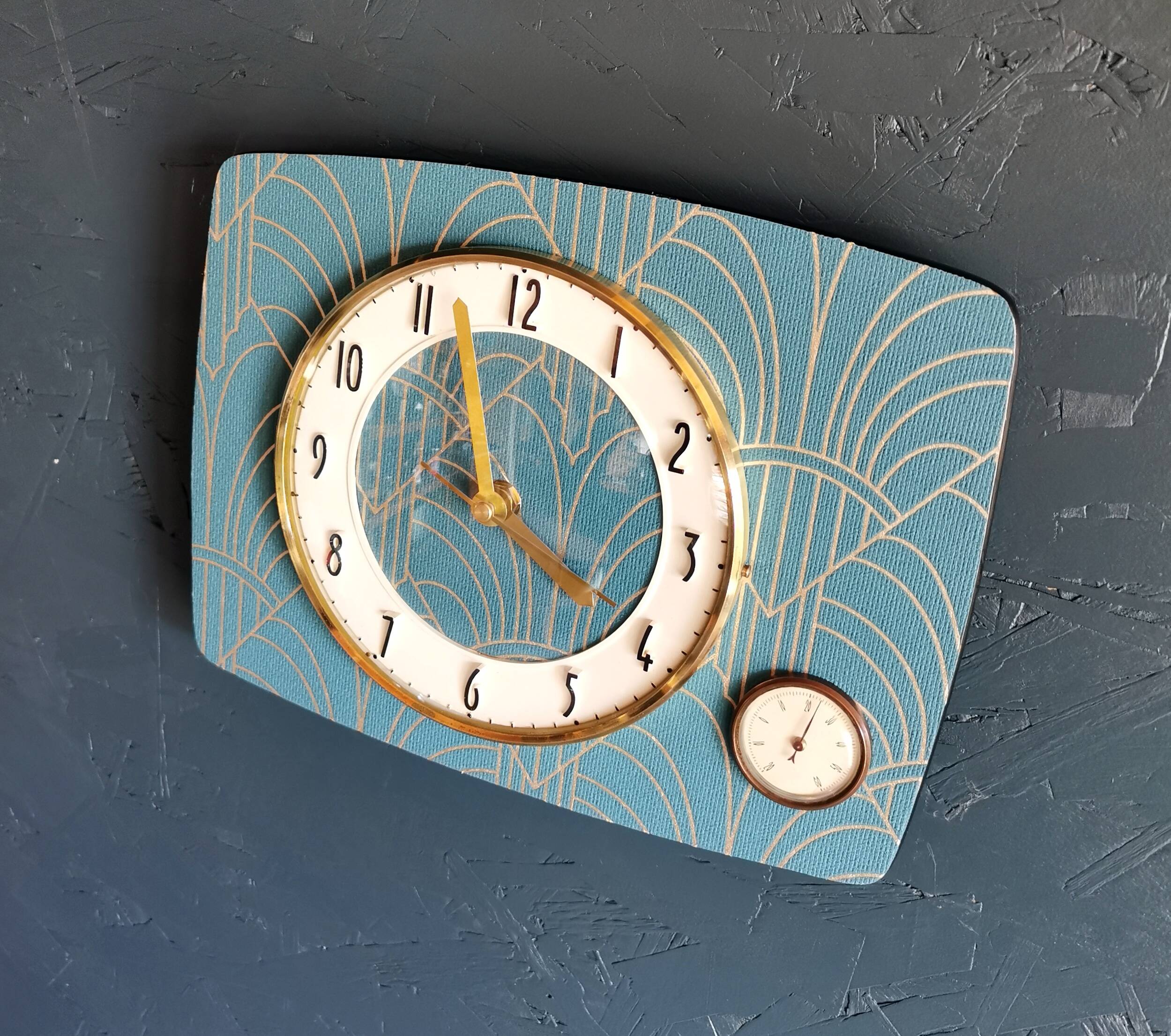 Vintage thermometer clock rectangular silent wall pendulum "Golden blue"