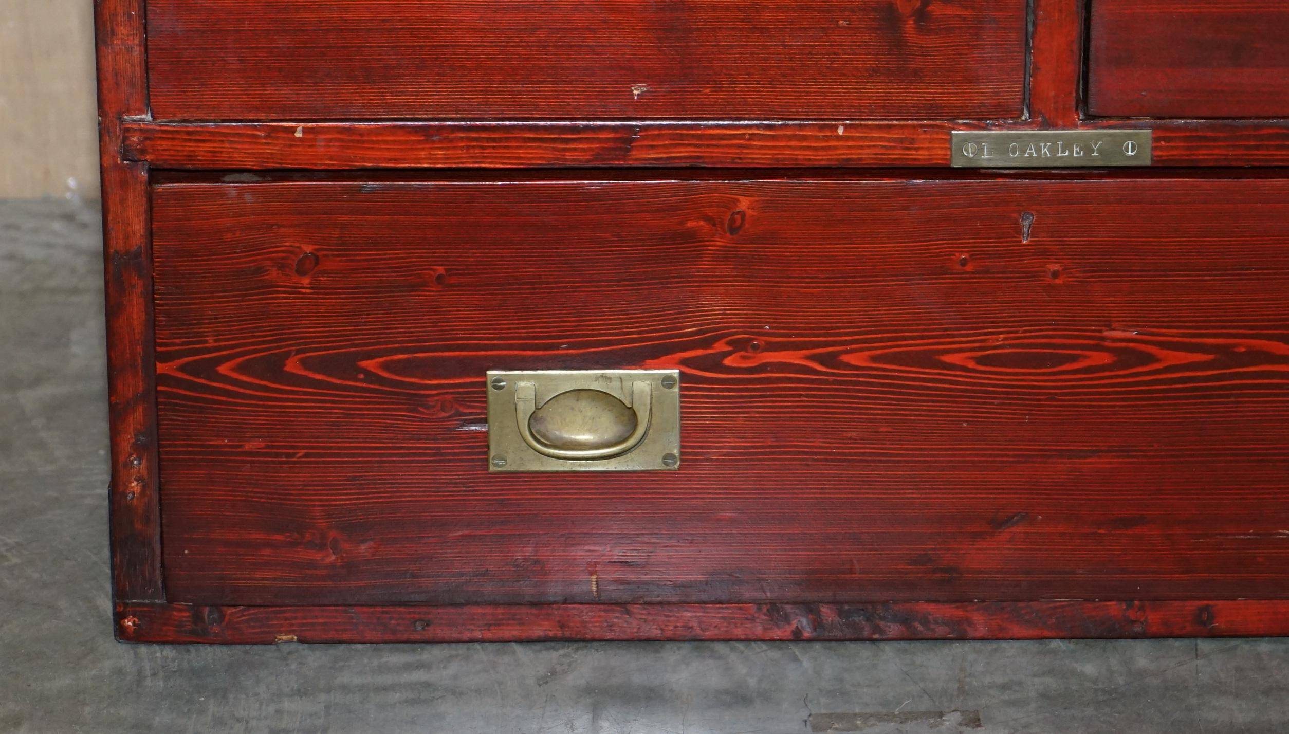 Antique Victorian military commode in Oregon pine with nameplate.