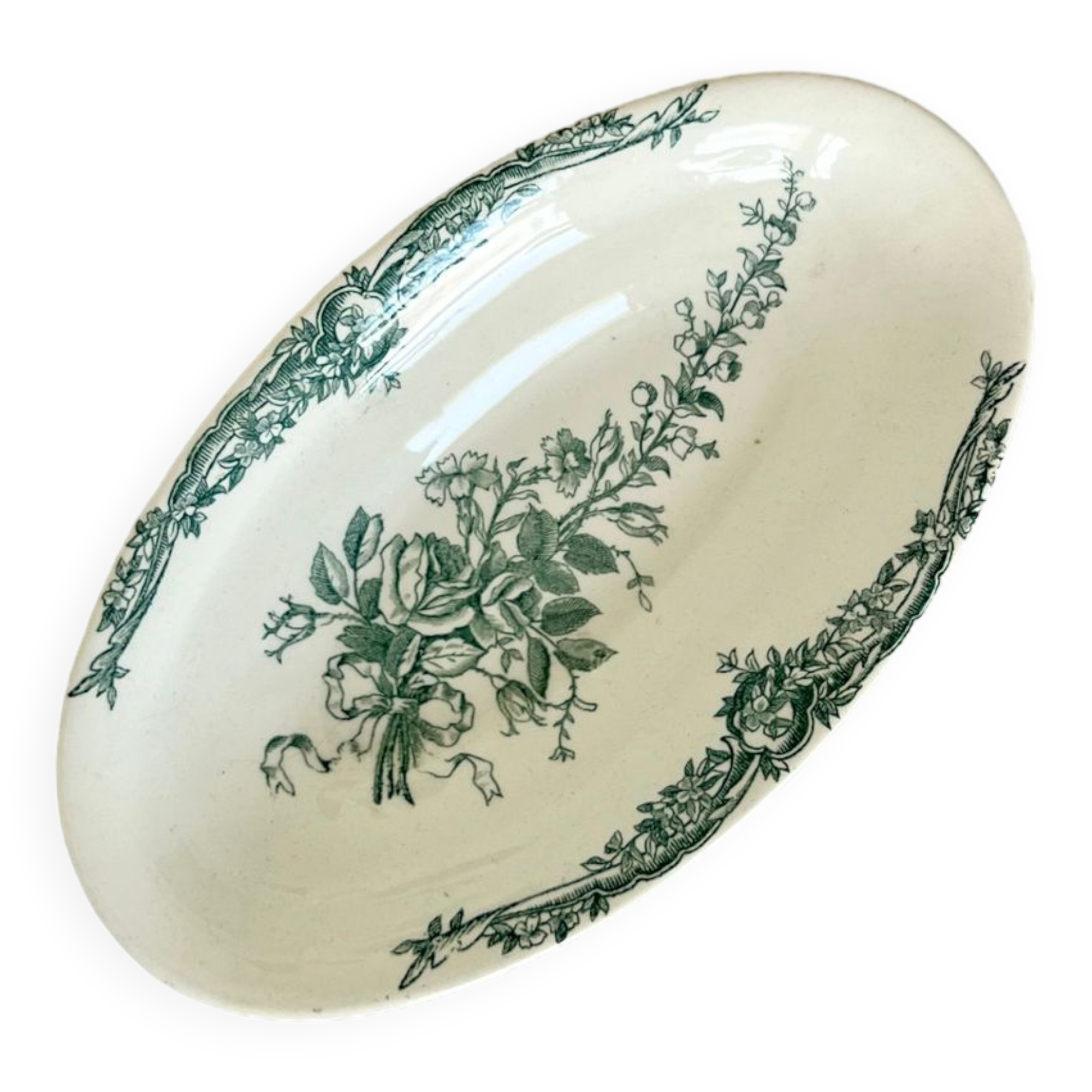 Romantic antique ravier porcelain floral style cream color and green details