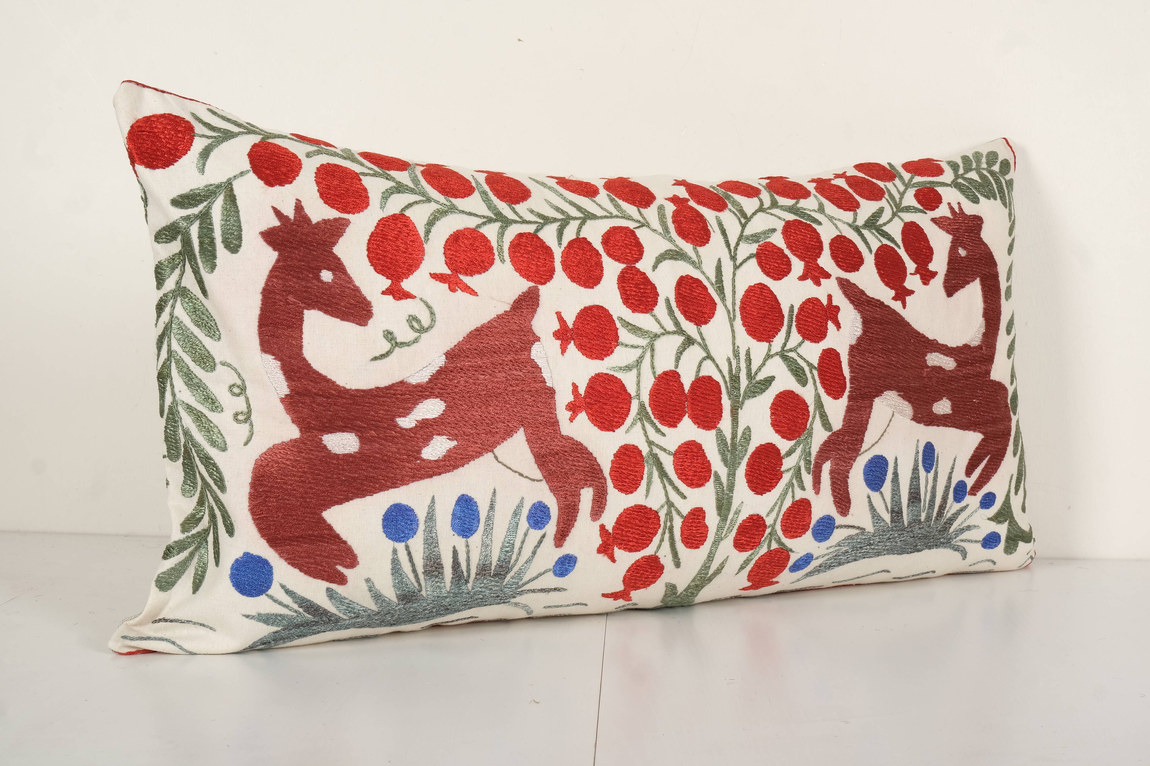 Suzani Animal Bedding Pillow Cover, Ethnic Uzbek Deer and Floral Motifs Cushion Cover, Handmade