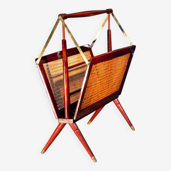 Italian folding magazine rack, canework, brass and mahogany, 1960