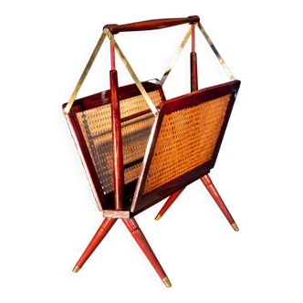 Italian folding magazine rack, canework, brass and mahogany, 1960