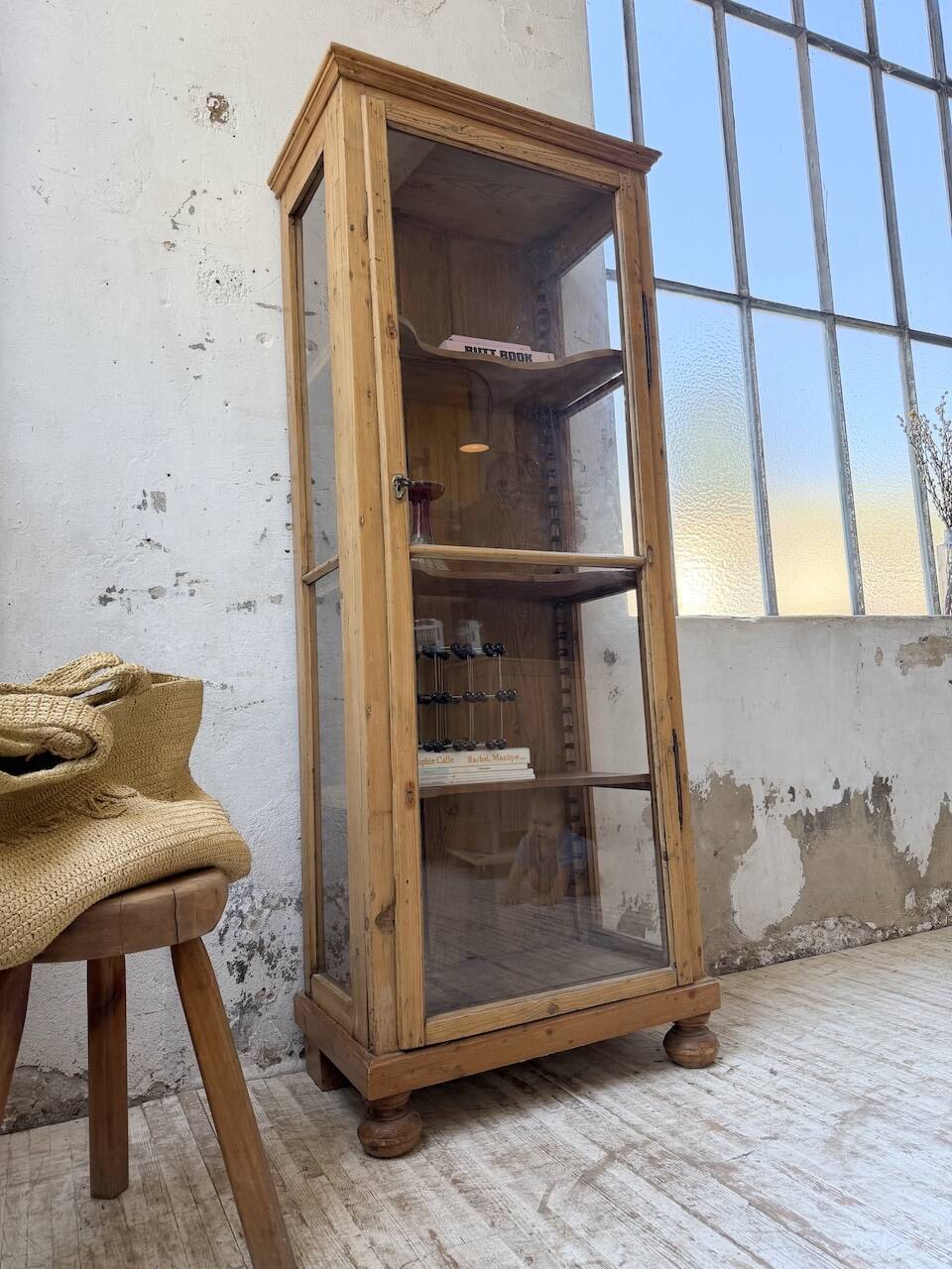 19th-century English pine display cabinet