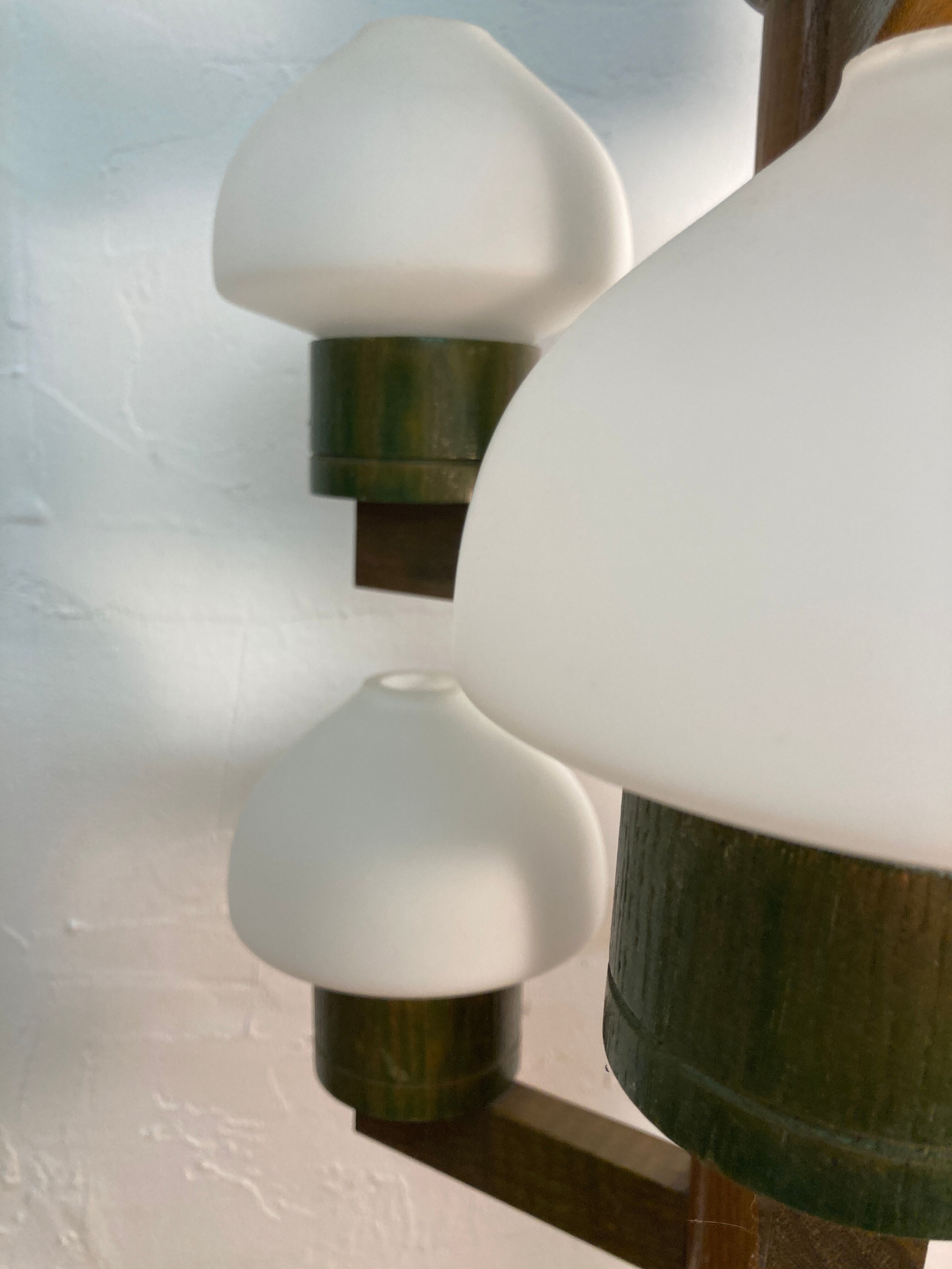 Midcentury Scandinavian wood and opaline glass hanging pendant