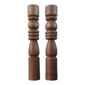Brutalist turned wood candlestick pair