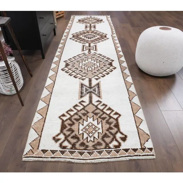 Vintage Turkish Oushak Handmade Wool Cotton White Runner Rug 84x346
