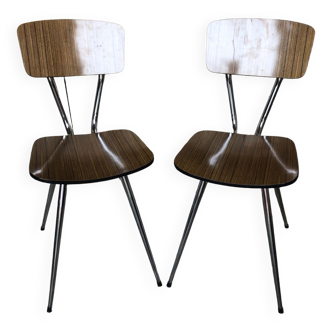 Paire de chaises tublac pieds compas métal chromé formica bois vintage #a241