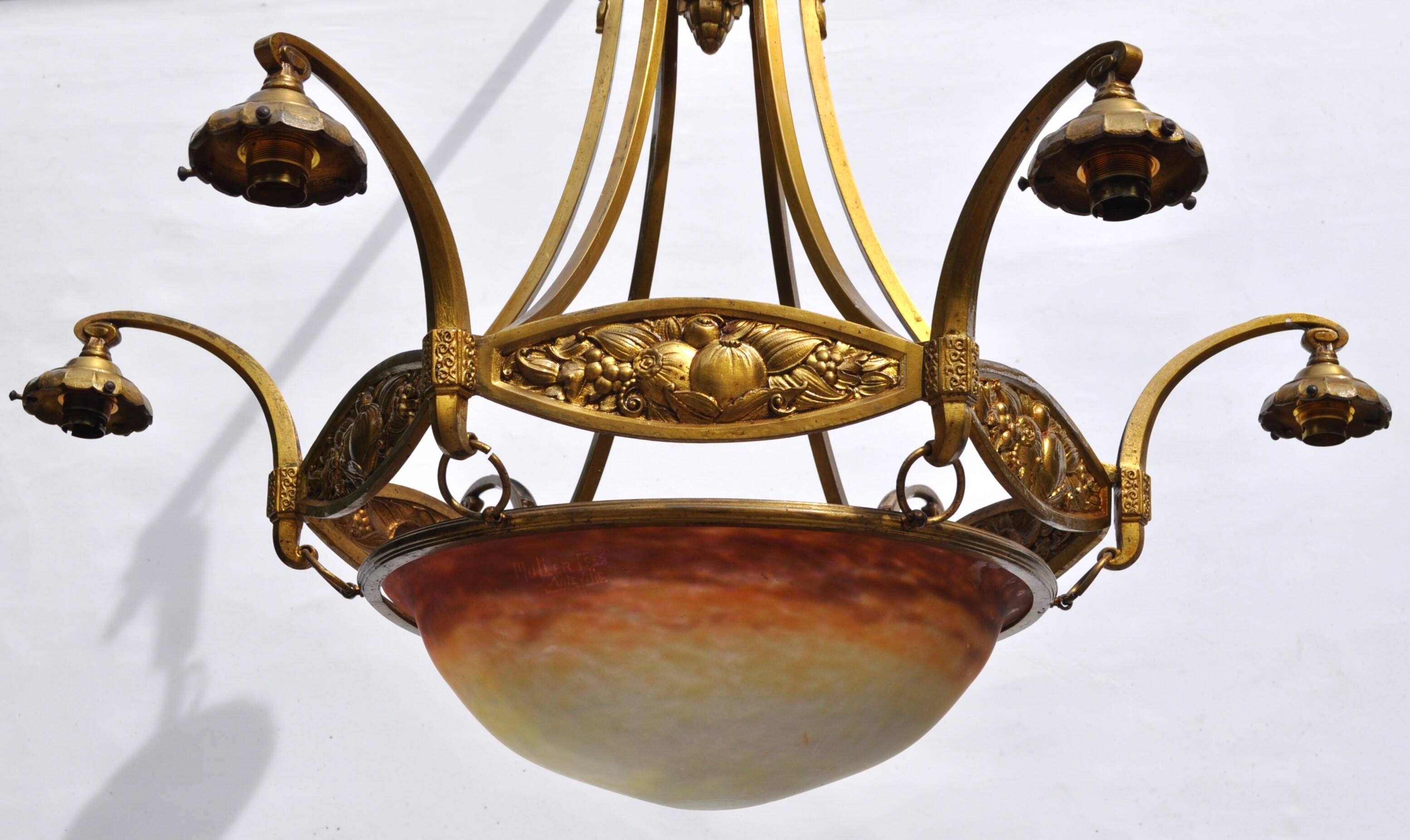Muller frères Art Deco Chandelier - Bronze & Glass Paste - 1930s