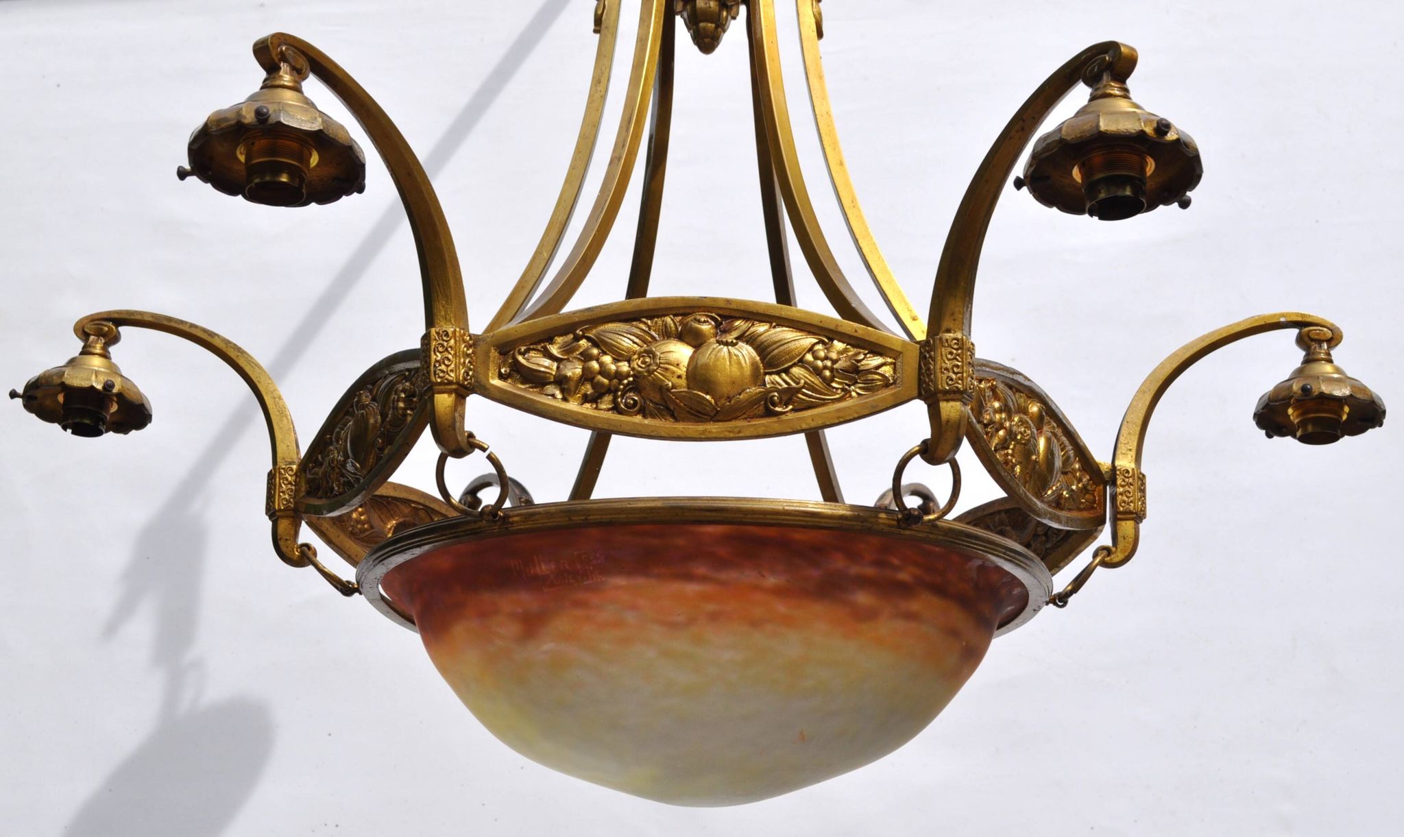 Muller frères Art Deco Chandelier - Bronze & Glass Paste - 1930s
