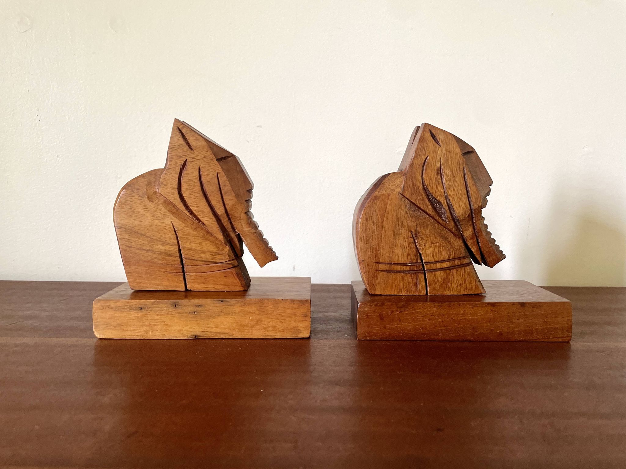 Wooden elephant bookends, handmade 1960