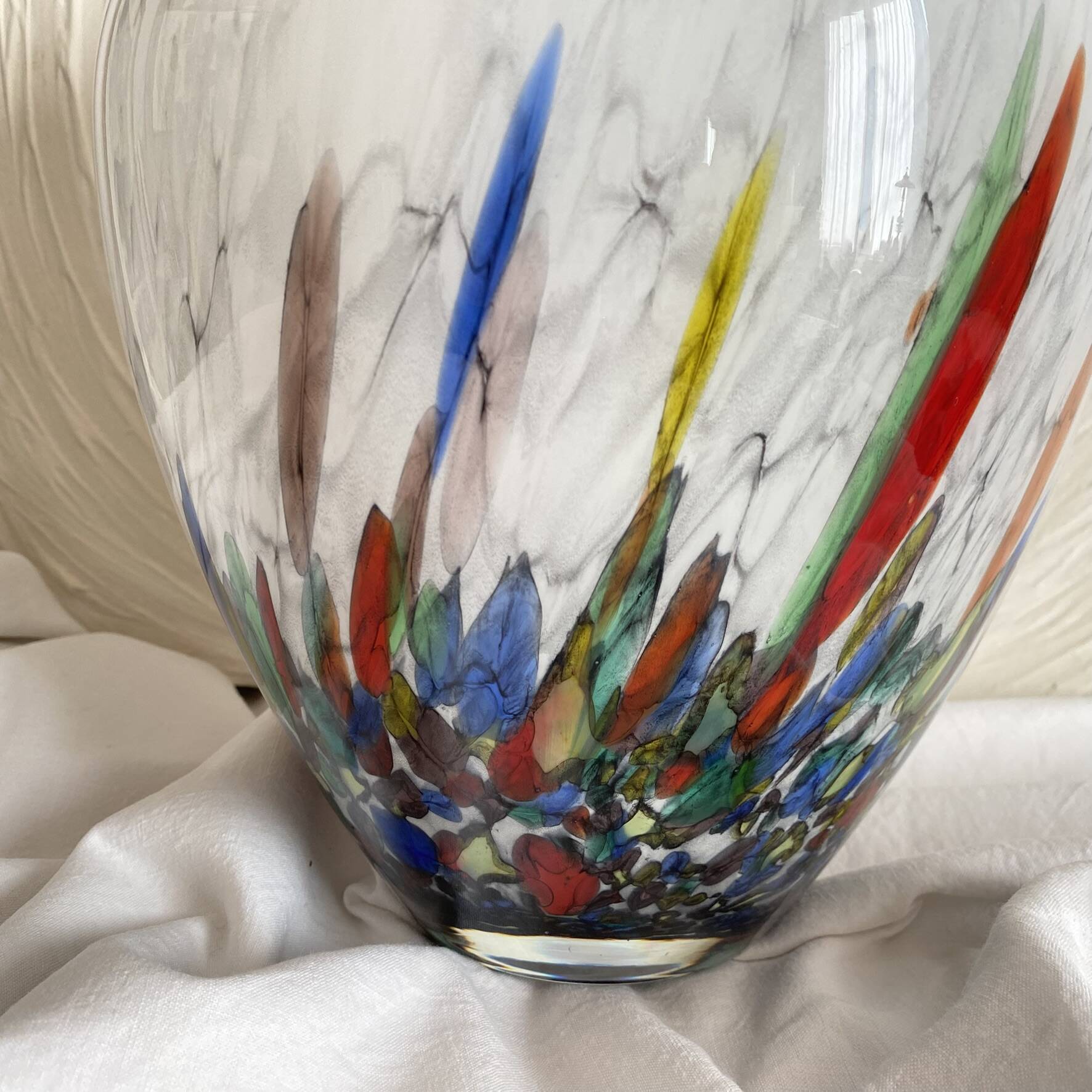 Large blown glass vase with polychrome inclusions in the Murano style.